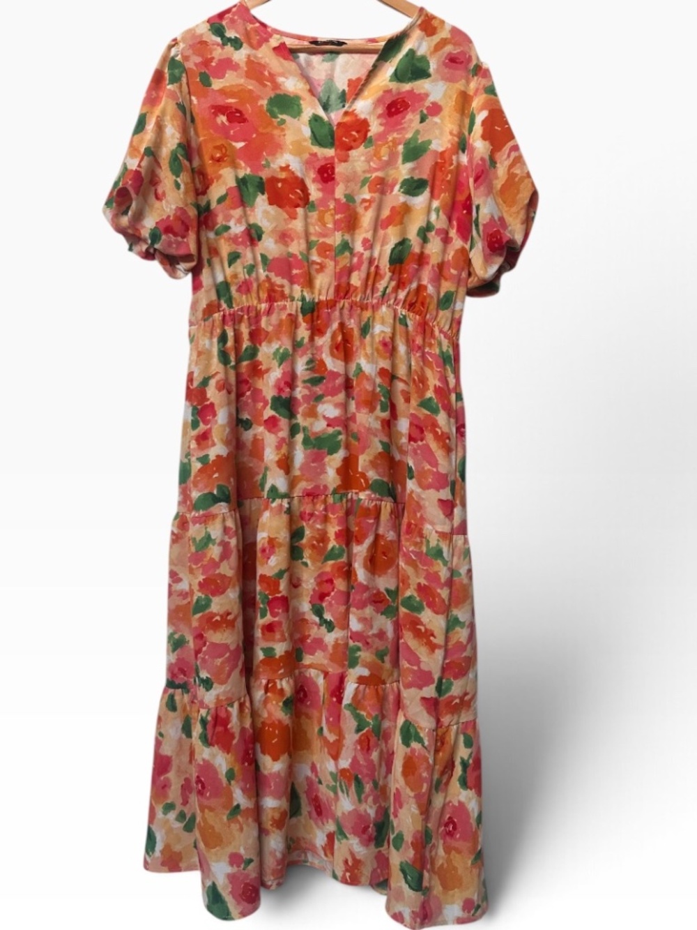 Watercolor Floral Tiered Maxi Dress Puff Sleeves V-Neck | Size XXL